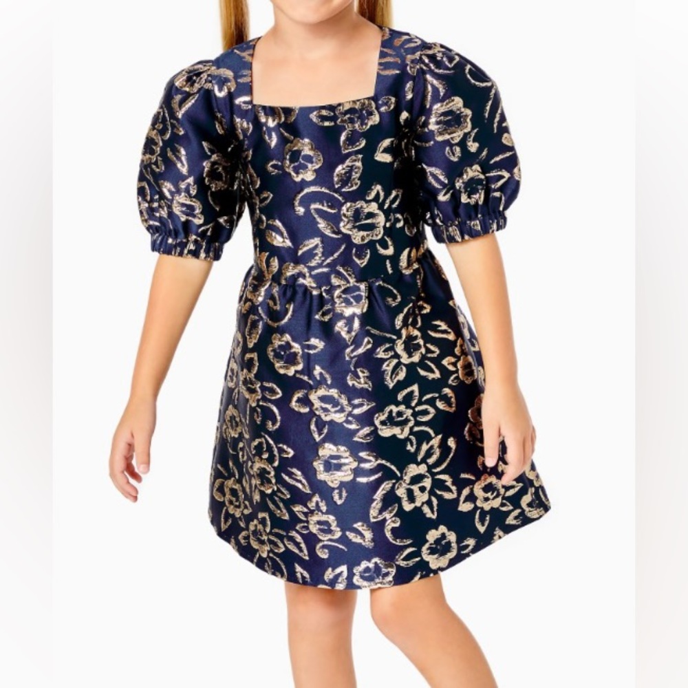 Lilly Pulitzer Mini Kasslyn Dress, Navy w/Gold Brocade, Girl’s Sz 8